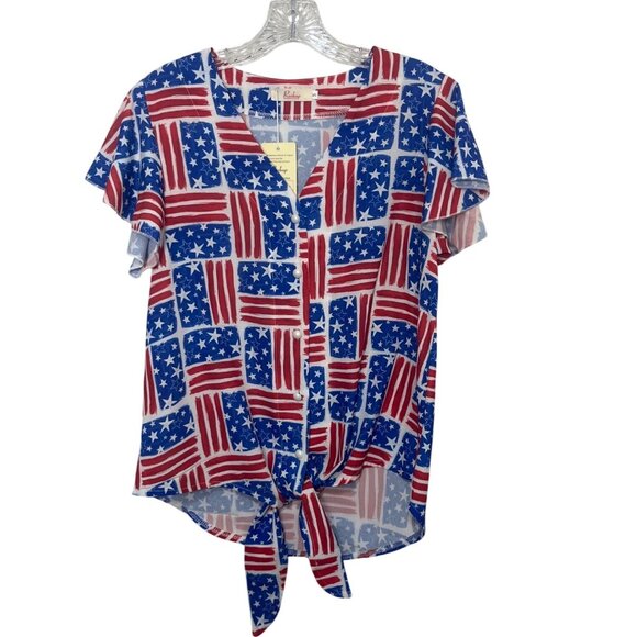 Roshop Flag Print Tie Button Front Shirt Womens Small Blue Red New Short Sleeve - Picture 1 of 10